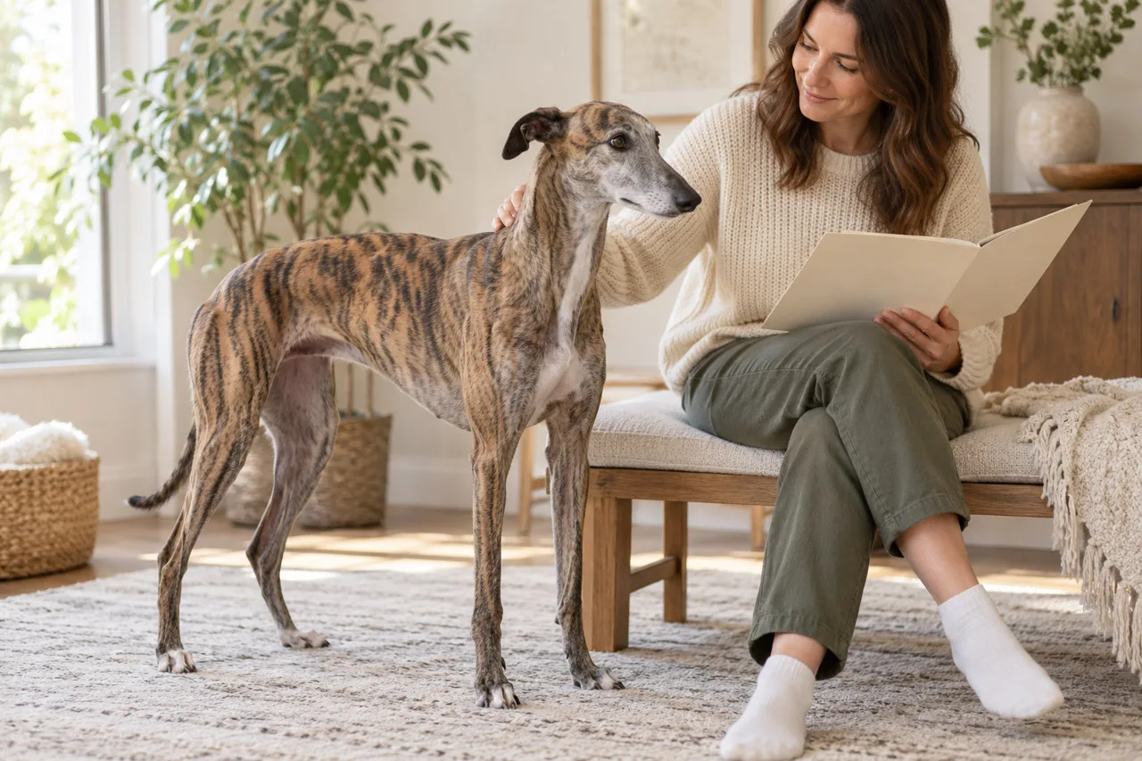 Brindle greyhound standing beside an owner holding a plain folder
